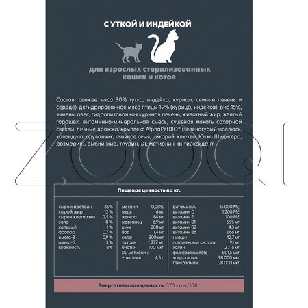 Корм AlphaPet Superpremium Sterilised для кошек (утка, индейка)