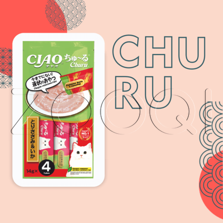 INABA CIAO Churu Пюре-лакомство для кошек (куриное филе, кальмар), 14 г x 4 шт