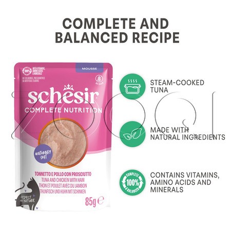 Мусс Schesir Cat Complete Nutrition для кошек (тунец, курица, ветчина), 85 г
