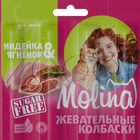 Molina Жевательные колбаски из индейки и ягненка для кошек, 20 г