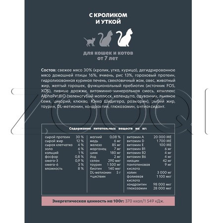 Корм AlphaPet Superpremium Senior для кошек (кролик, утка)