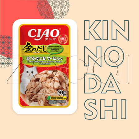 Пауч INABA CIAO Kinnodashi для кошек (тунец Магуро и Кацуо, сёмга), 60 г
