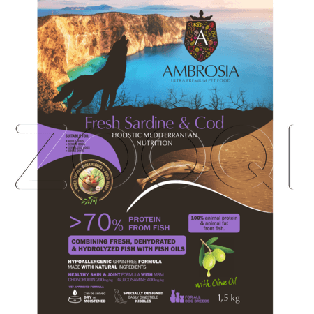 Ambrosia Mediterranean Diet Fresh Sardine & Cod для пожилых, страдающих ожирением и стерилизованных собак (сардина, треска)