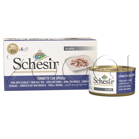 Schesir Dog Консервы с тунцом и окунем в желе для взрослых собак мелких пород (мультиупаковка), 4 x 85 г