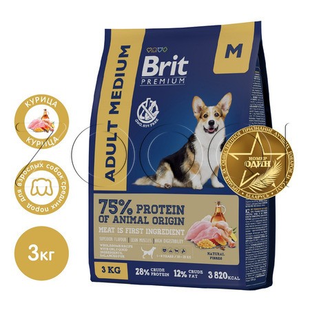 Корм Brit Premium Dog Adult Medium для собак (курица)