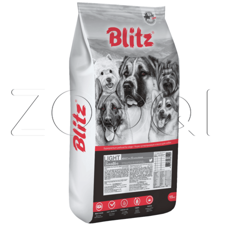 Blitz Sensitive Light Adult Dog All Breeds для взрослых собак всех пород с лишним весом, 15 кг