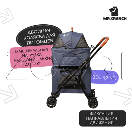 Mr.Kranch Коляска прогулочная двойная для собак и кошек, голубая