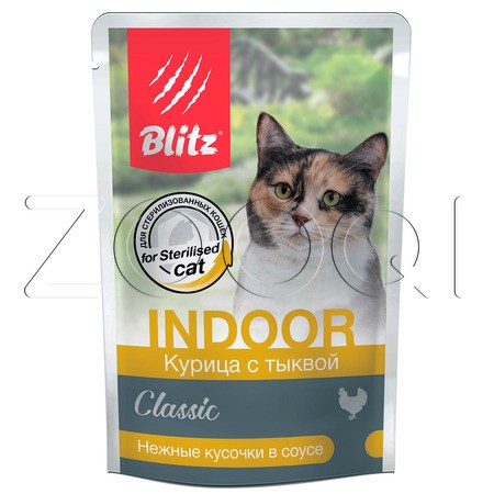 Blitz Classic Indoor Chicken & Pumpkin for Sterilised Cat для котов и кошек склонных к лишнему весу и для кастрированных животных (Курица с тыквой в соусе), 85 г
