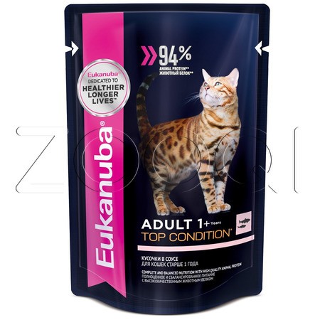 Eukanuba Adult Top Condition Мясные кусочки из лосося в соусе для взрослых кошек, 85 г