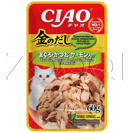 Пауч INABA CIAO Kinnodashi для кошек (тунец Магуро и Кацуо, сёмга), 60 г
