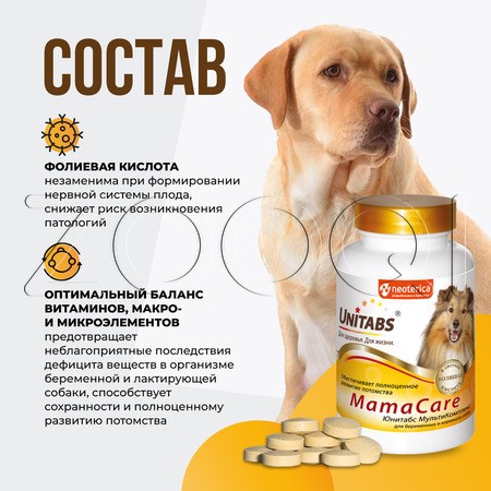 Unitabs МамаCare c B9 для беременных и кормящих собак, 100 табл