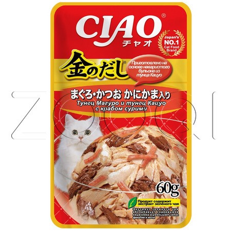 Пауч INABA CIAO Kinnodashi для кошек (тунец Магуро и Кацуо, краб сурими), 60 г