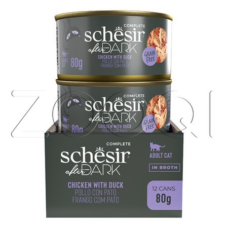 Schesir Cat After Dark Консервы с курицей и уткой в бульоне для взрослых кошек, 80 г