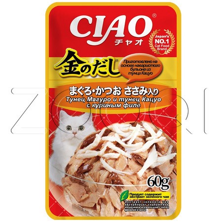 Пауч INABA CIAO Kinnodashi для кошек (тунец Магуро и Кацуо, куриное филе), 60 г