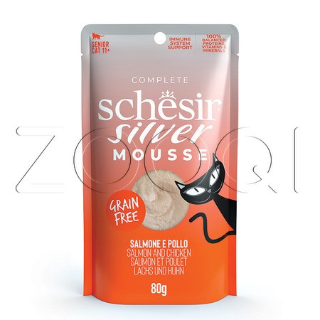 Schesir Cat Silver Senior Мусс из лосося и курицы для пожилых кошек, 80 г