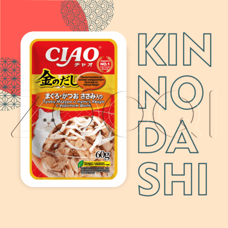 Пауч INABA CIAO Kinnodashi для кошек (тунец Магуро и Кацуо, куриное филе), 60 г