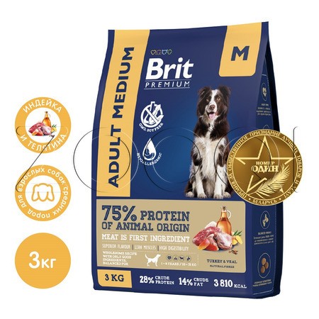 Корм Brit Premium Dog Adult Medium для собак (индейка, телятина)