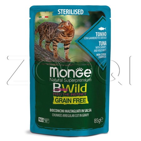 Monge Cat BWild Grain Free Sterilised для стерилизованных кошек (тунец с креветками и овощами), 85 г
