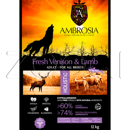 AMBROSIA Grain Free Adult Fresh Venison & Lamb для взрослых собак всех пород (оленина, ягненок)