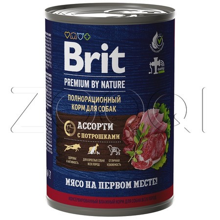 Brit Premium by Nature Консервы с мясным ассорти и потрошками для взрослых собак всех пород, 410 г