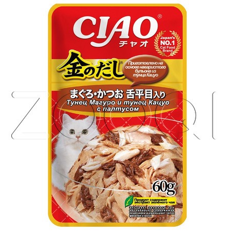 Пауч INABA CIAO Kinnodashi для кошек (тунец Магуро и Кацуо, палтус), 60 г