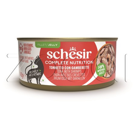 Консерва Schesir Cat Complete Nutrition для кошек (тунец, креветки в желе), 140 г